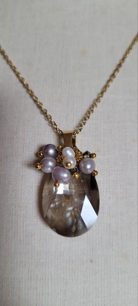Kristal ketting met parel, Sieraden, Tassen en Uiterlijk, Kettingen, Met edelsteen, Ophalen of Verzenden, Zo goed als nieuw, Steen of Mineraal