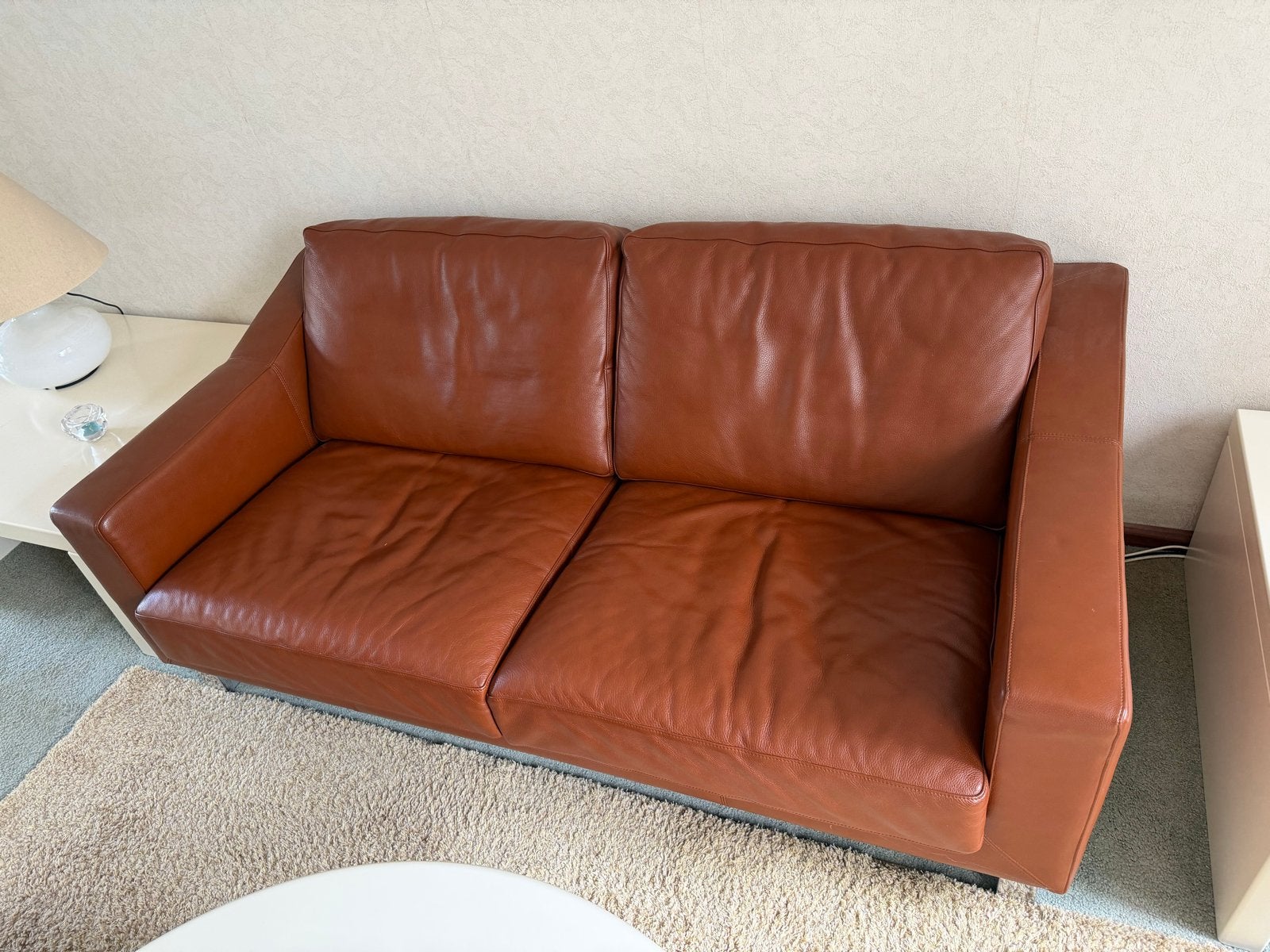Leren tweezitsbank van Leolux, cognac kleur, Ophalen, Gebruikt, 150 tot 200 cm, Tweepersoons