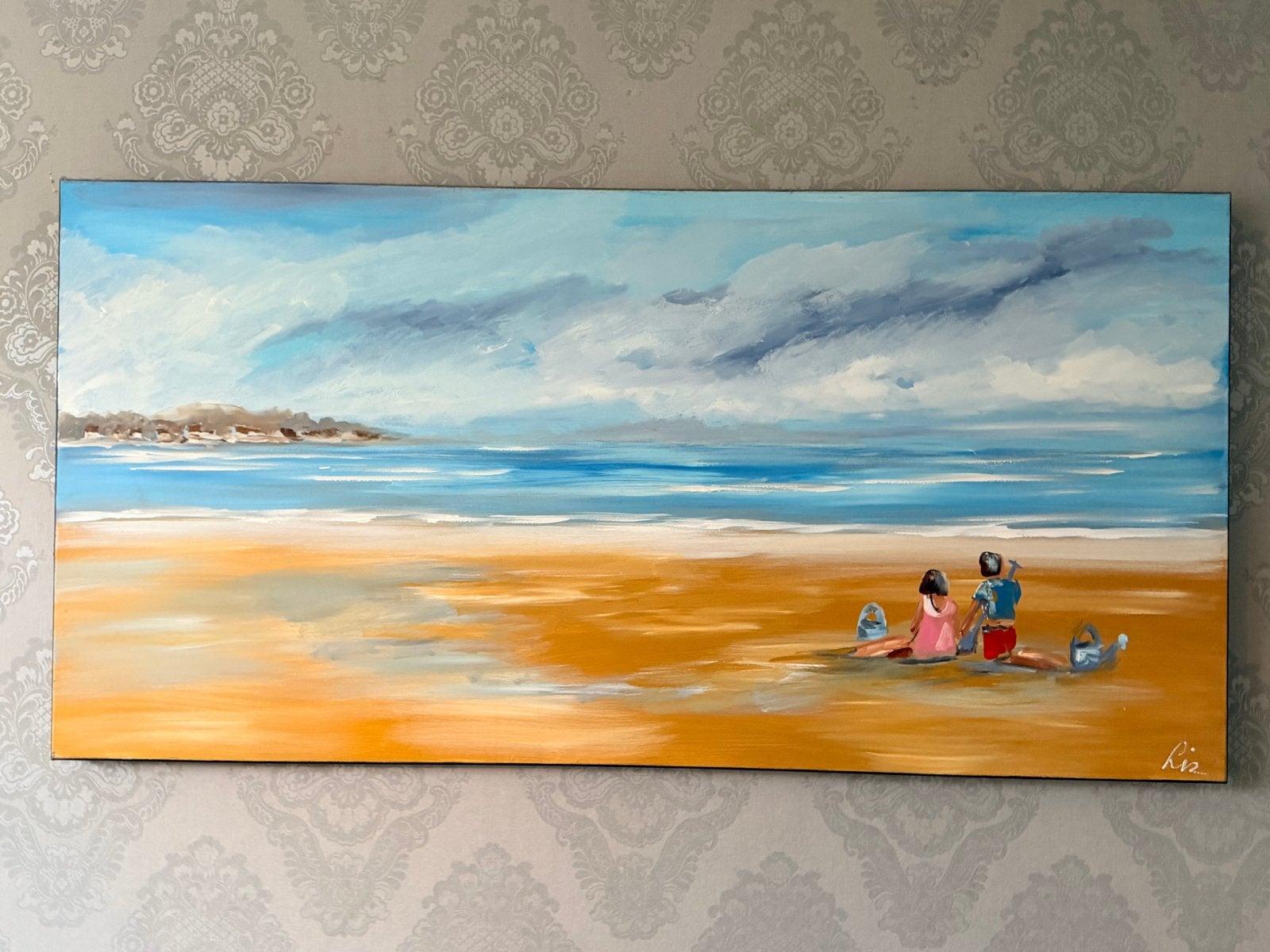 Vrolijk en kleurrijk schilderij van “Liz”, Antiek en Kunst, Ophalen, Handgeschilderd, Textiel, Figuren