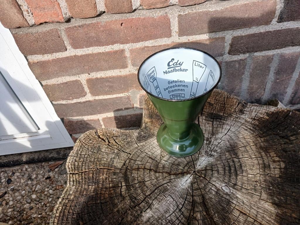 Vintage Edy emaille maatbeker - donkergroen, Antiek en Kunst, Ophalen of Verzenden