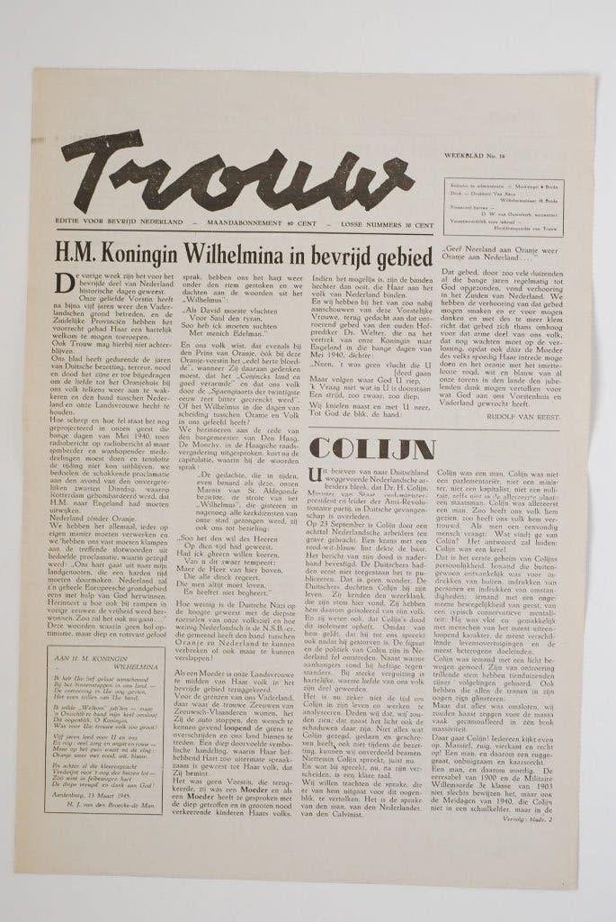 Trouw - 19 januari 1945 - herdruk krant Tweede Wereldoorlog, Zo goed als nieuw, Verzenden, Amsterdam, Florence Uitgeverij