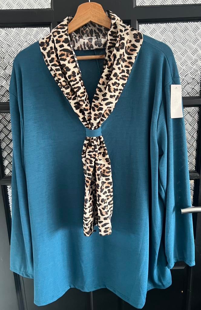 Petrol shirt met panter kraag/sjaal, Ophalen of Verzenden, Nieuw, Groen, Shirt of Top