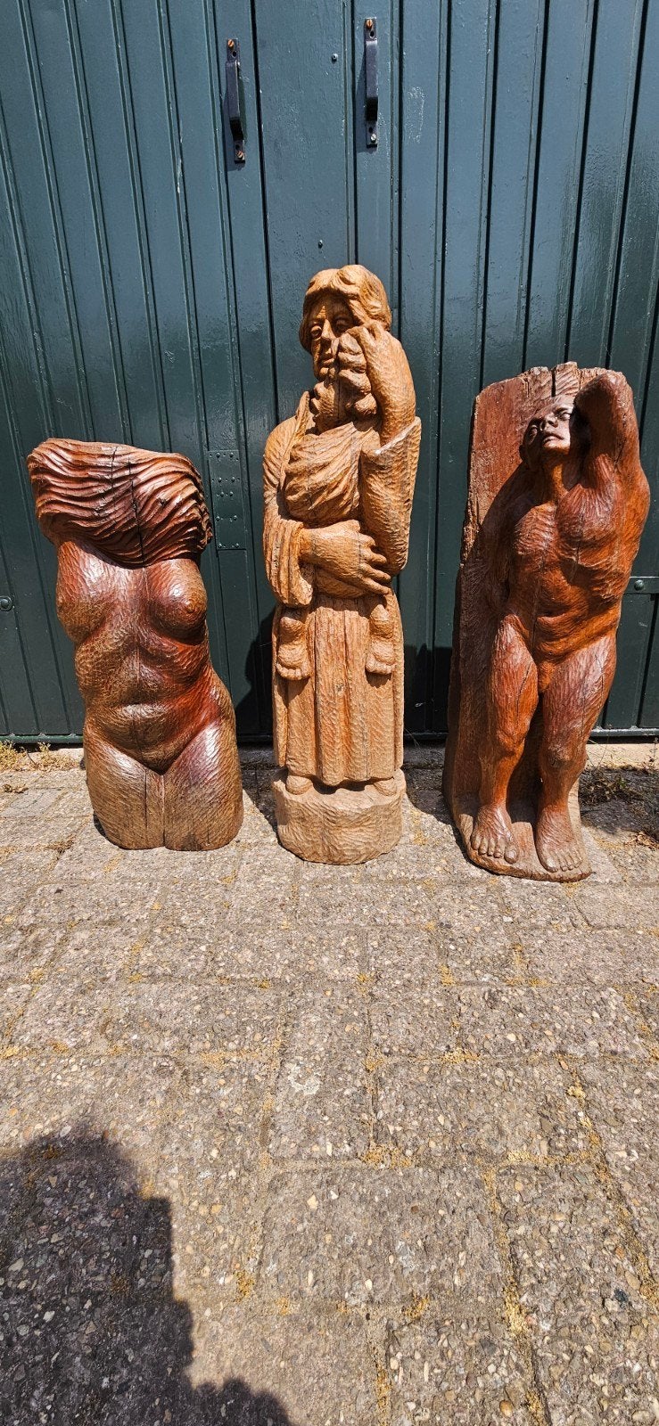 Houten beelden 3 stuks van kunstenaar E van Rooy, Ophalen, Hout