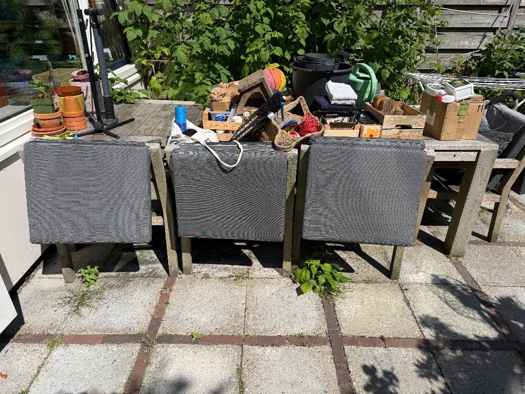 Tuintafel en -stoelen GRATIS, Ophalen, Gebruikt, 6 zitplaatsen, Teakhout