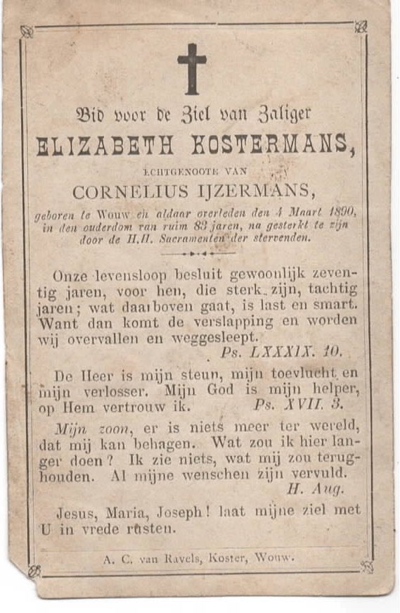 Elisabeth Kosterman * 1807 Wouw + 1890 Wouw, Verzenden, Bidprentje