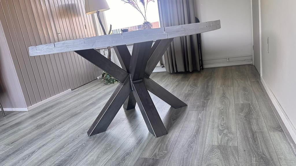 Stalen X poot met rond tafelblad, Ophalen, Zo goed als nieuw, Rond, 100 tot 150 cm