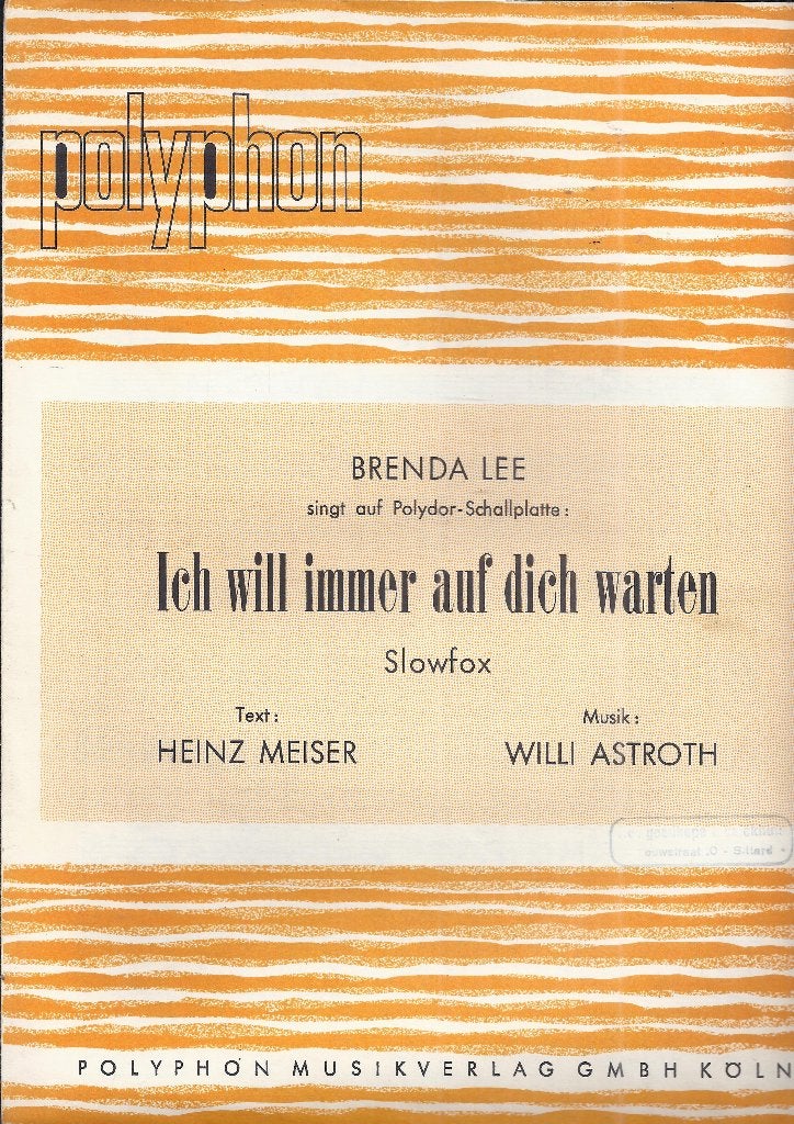 Bo56 bladmuziek brenda lee ich will immer auf dich warten, Zang, Gebruikt, Klassiek, Ophalen of Verzenden