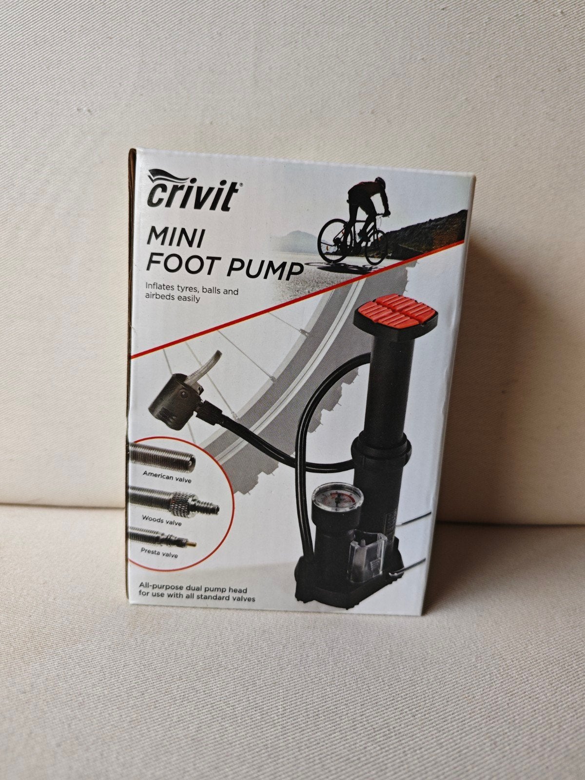 Crivit Mini Voetpomp met Drukmeter en Draagtas, Fietsen en Brommers, Ophalen of Verzenden, Drukmeter, Zo goed als nieuw