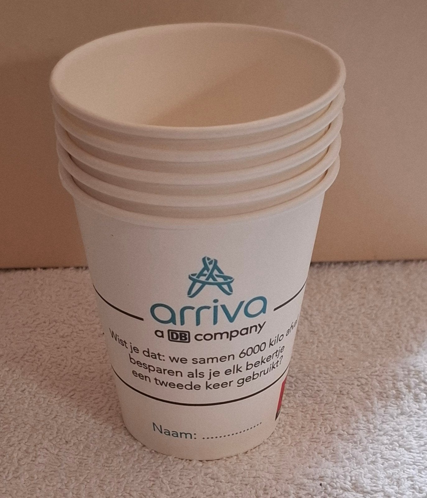 5 Arriva kartonnen bekers - 8 cm hoog, Verzamelen, Spoorwegen en Tramwegen, Ophalen of Verzenden, Nieuw, Bus of Metro, Overige typen