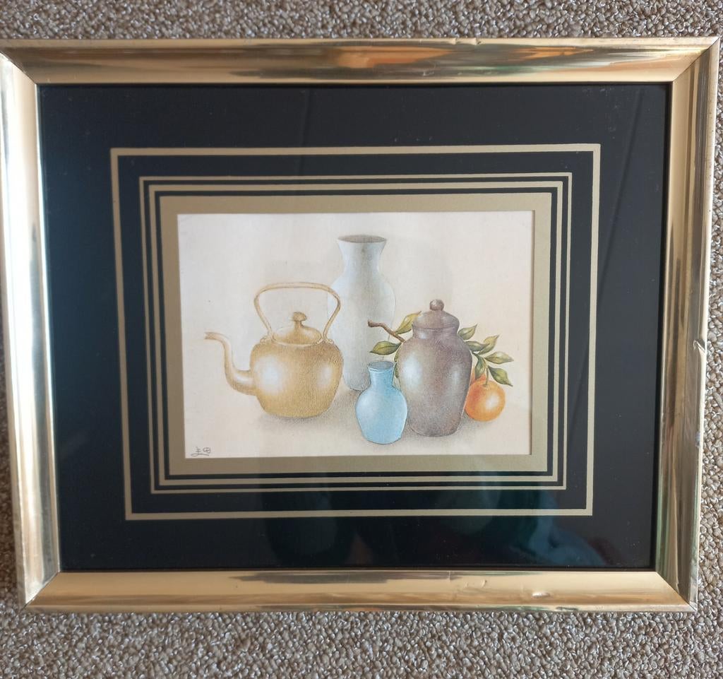 Twee ingelijste prenten: stilleven en Parijse straat, Antiek en Kunst, Ophalen of Verzenden