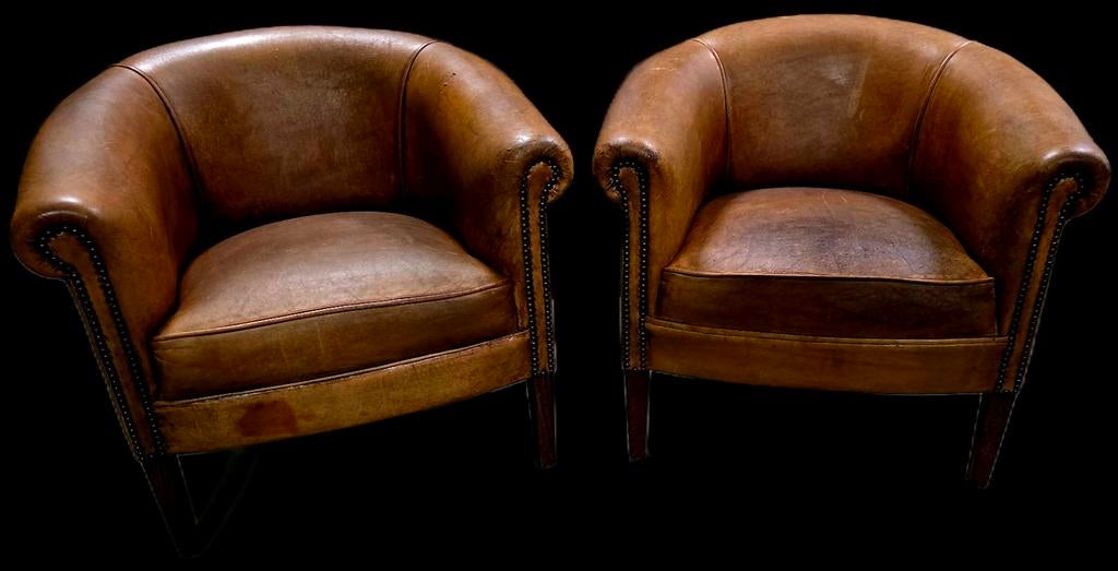 2 compacte schapenleren club fauteuils + BEZORGING GRATIS, Ophalen of Verzenden