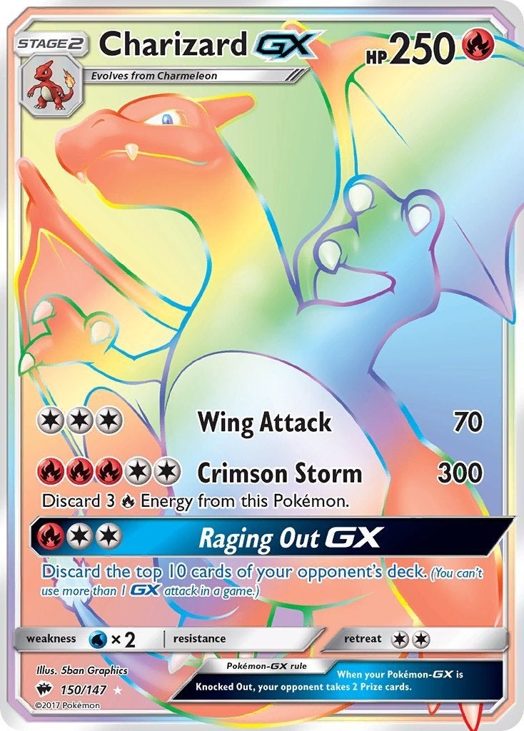 Charizard GX Rainbow Rare 150/147 - Pokémon Kaart, Ophalen of Verzenden, Zo goed als nieuw, Losse kaart, Foil