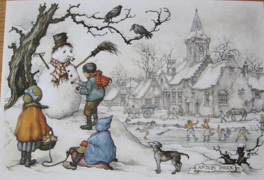 Anton Pieck prentje met kinderen die een sneeuwpop maken, Verzamelen, 1980 tot heden, Ophalen of Verzenden, Zo goed als nieuw
