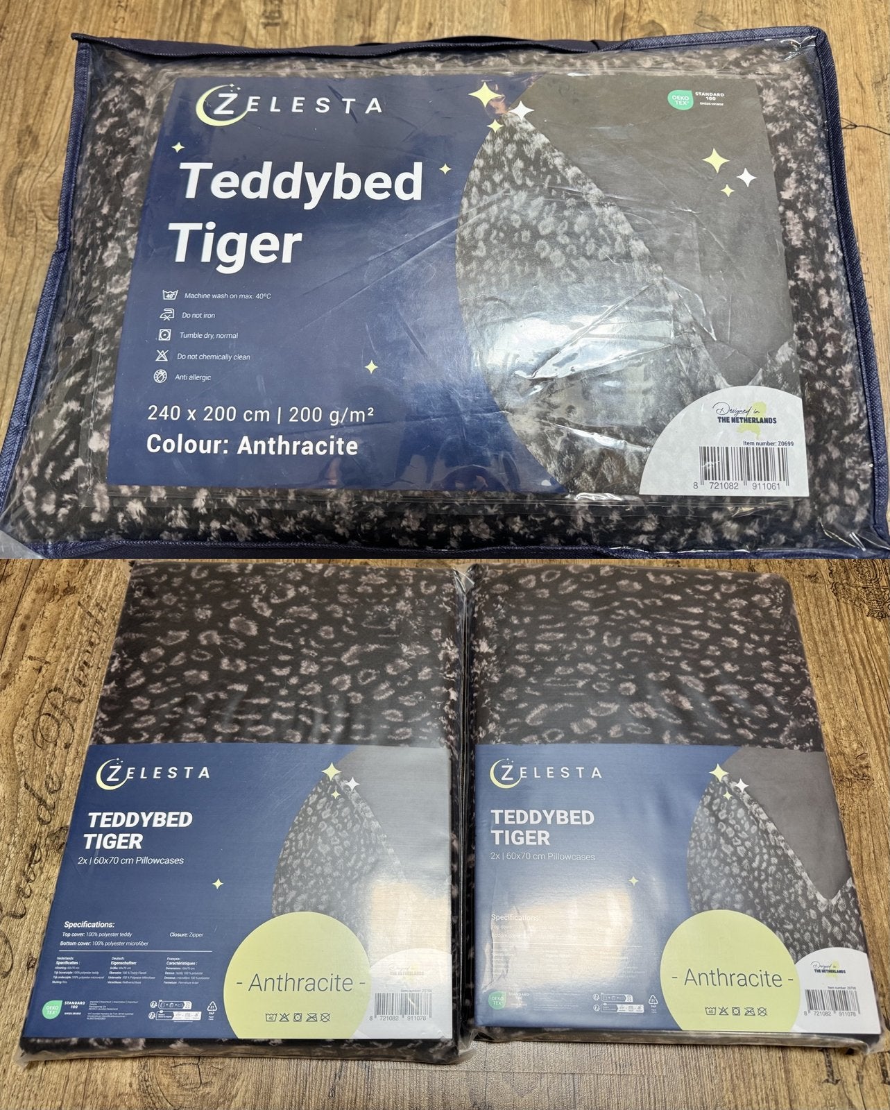Zelesta Teddybed Tiger/Panter 240x200 + 2 kussenslopen, Huis en Inrichting, Beddengoedset, Ophalen of Verzenden, Grijs, Wasbaar