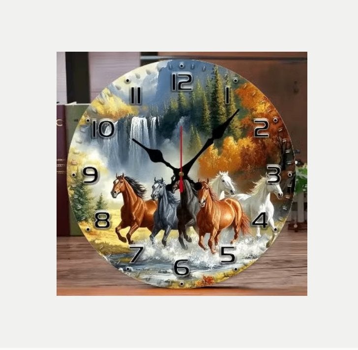 Ronde wandklok van hout Paarden bij de waterfall (25cm), Ophalen of Verzenden, Nieuw, Wandklok