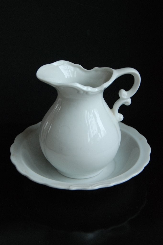Brocante aardewerken kan met schotel / kom lampetkan, Verzenden