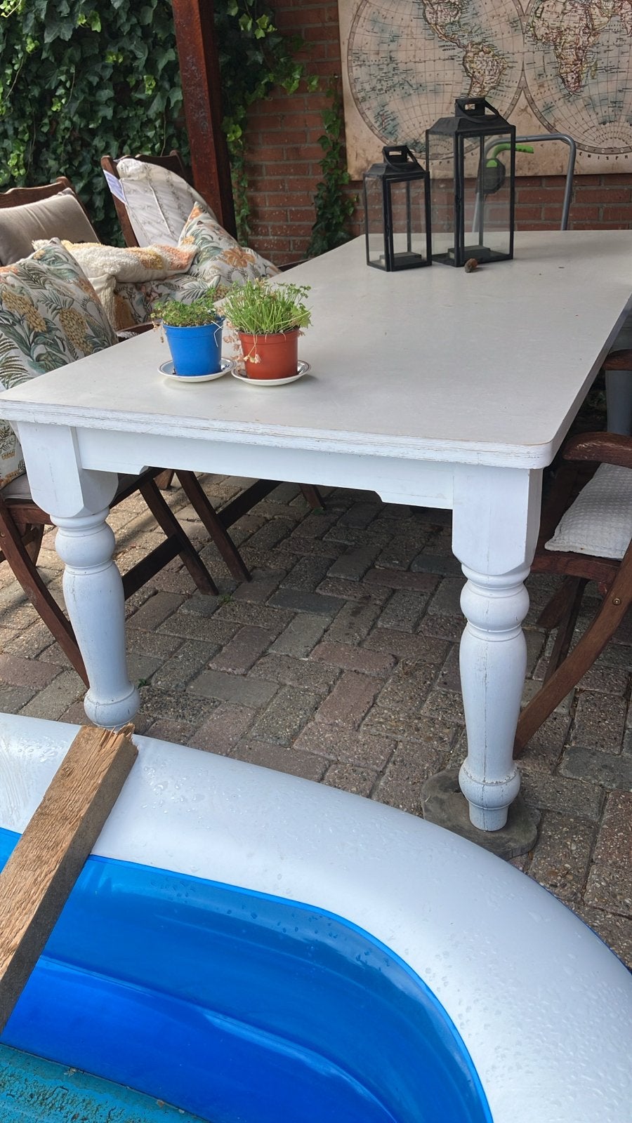 Witte houten eettafel met gedraaide poten, Ophalen, Gebruikt, 100 tot 150 cm, 50 tot 100 cm