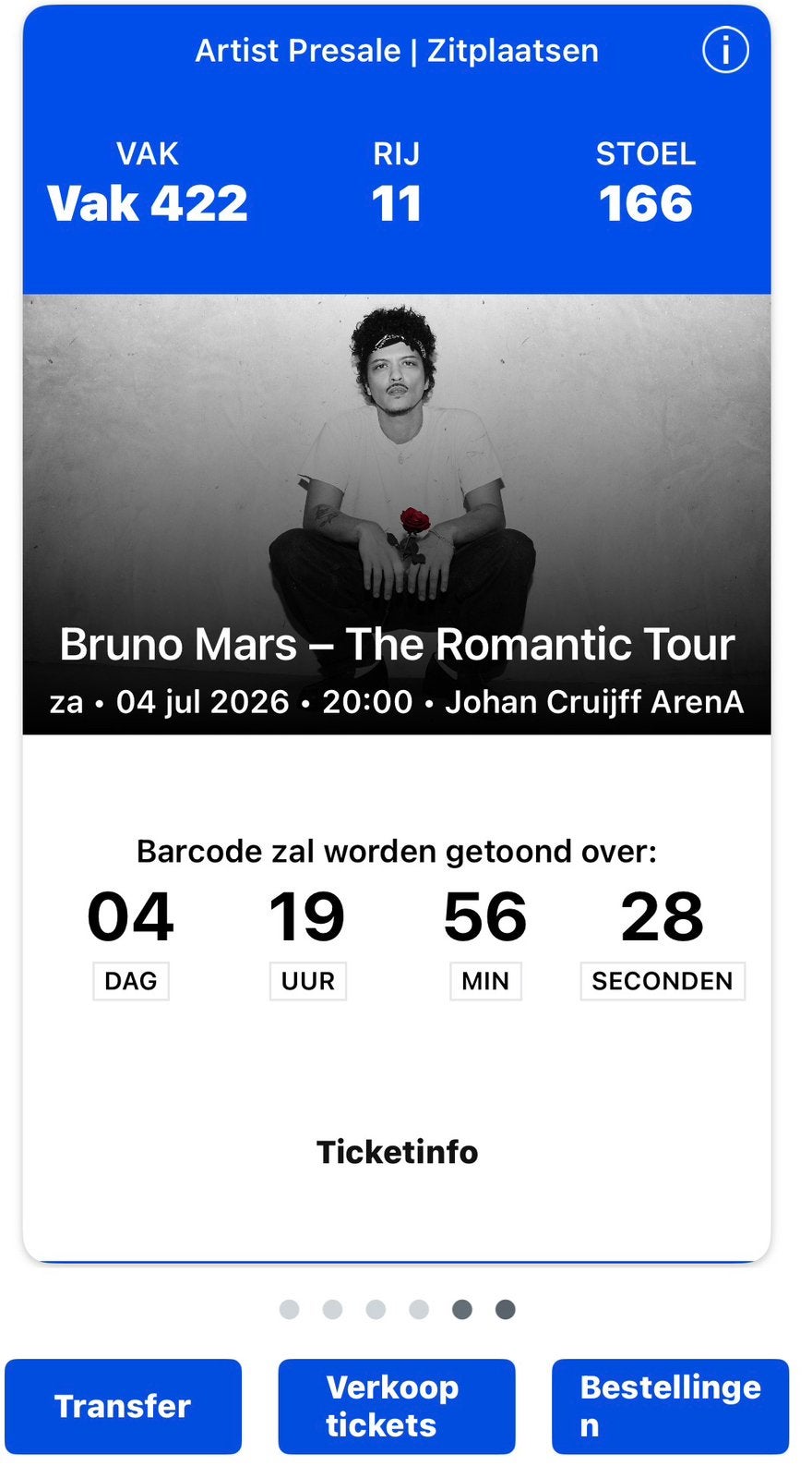 Bruno Mars tickets 2x 4 juli, Tickets en Kaartjes, Twee personen, Juli