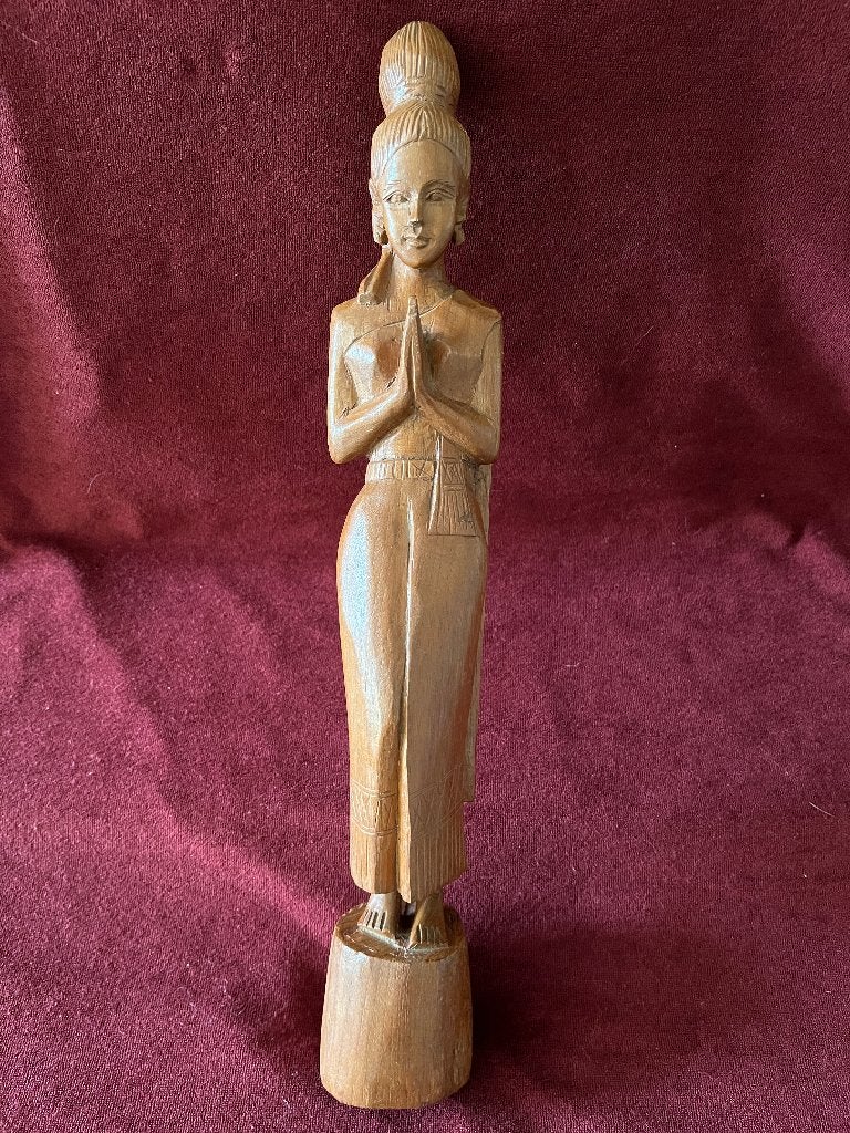 Vintage Handgesneden Houten Thaise Sawasdee Welkomstfiguur, Houtsnijwerk, Ophalen of Verzenden, 20 - 50 cm, Hout