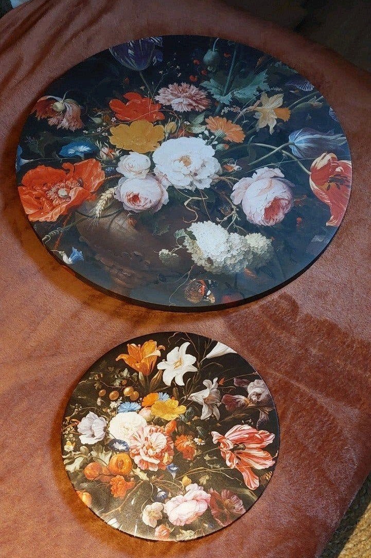 Set van 2 Wandcirkels met Bloemenstilleven, Ophalen, Hout, Meerkleurig, Klassiek
