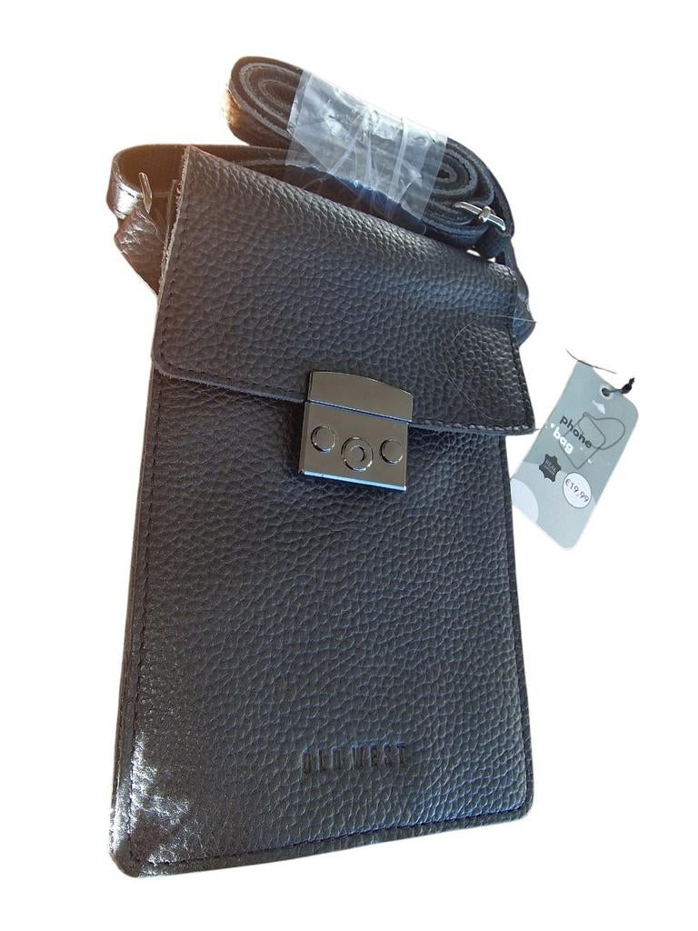 Nieuwe Old West Echt Lederen Telefoontas 19x12 met 2 Vakken, Overige merken, Zwart, Nieuw, Ophalen of Verzenden