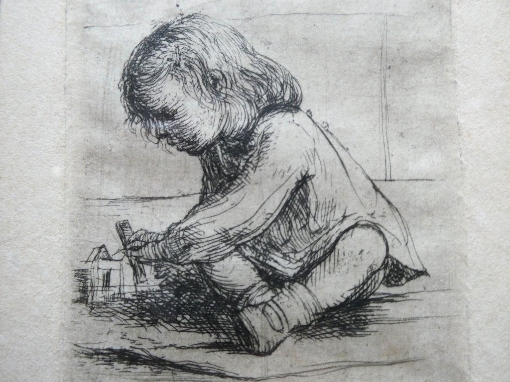 Ets Kleuter / kind speelgoed gesigneerd Jules Van Ael België, Ingelijst, Ets, Ophalen of Verzenden, 23 cm