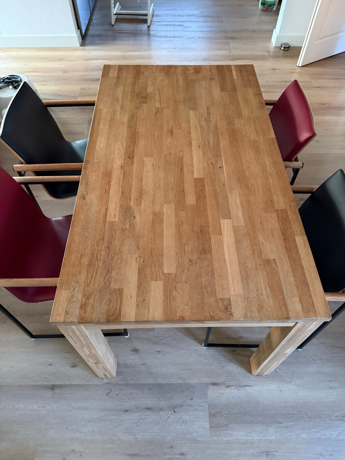 Eettafel met 6 unieke stoelen (zwart/rood leer), Gebruikt, Vijf personen of meer, 150 tot 200 cm, Rechthoekig