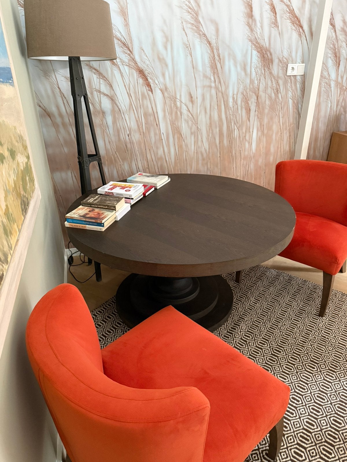 Stijlvolle design tafel Ø130 + 4 luxe velours fauteuils, Ophalen, Gebruikt, Stijlvolle gezellig design, Rond
