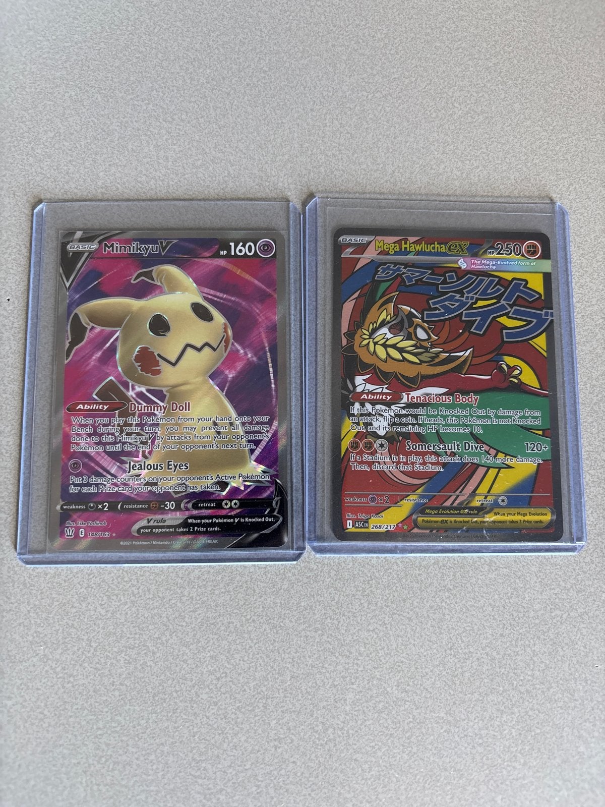 Mimikyu V & Mega Hawlucha EX, Ophalen of Verzenden, Zo goed als nieuw, Losse kaart