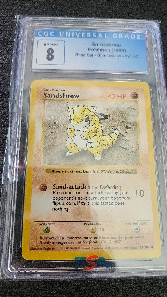 Pokemon 1999 Base Set Shadowless Sandshrew CGC 8, Ophalen of Verzenden, Nieuw, Losse kaart
