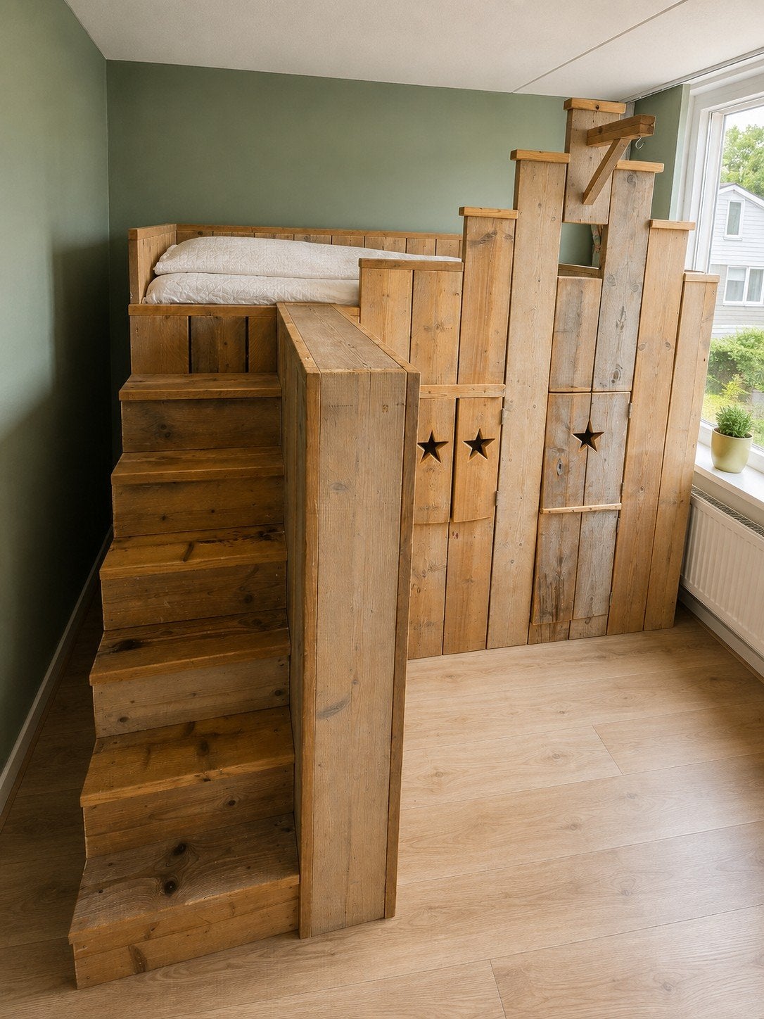 Steigerhouten hoogslaper/huisjesbed, speelhuisje en boeken, Ophalen, Eenpersoons, Zo goed als nieuw, 200 cm