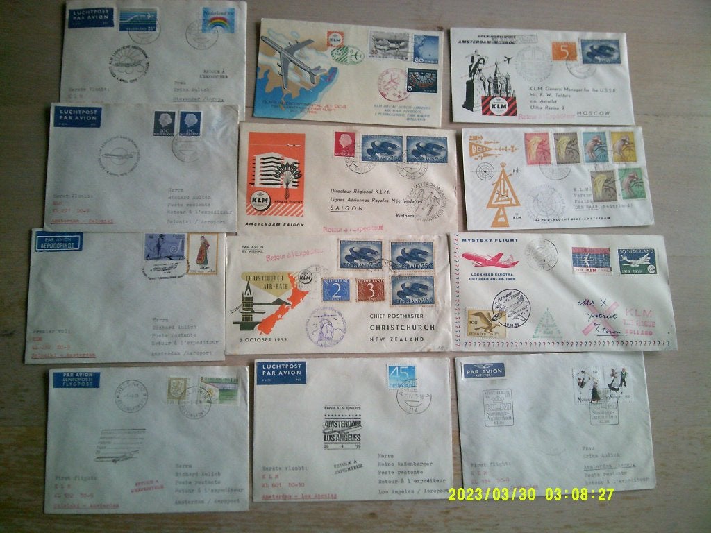 enveloppen bijzondere vluchten 12 stuks KLM oa. Moskou ,, Ophalen of Verzenden, Envelop