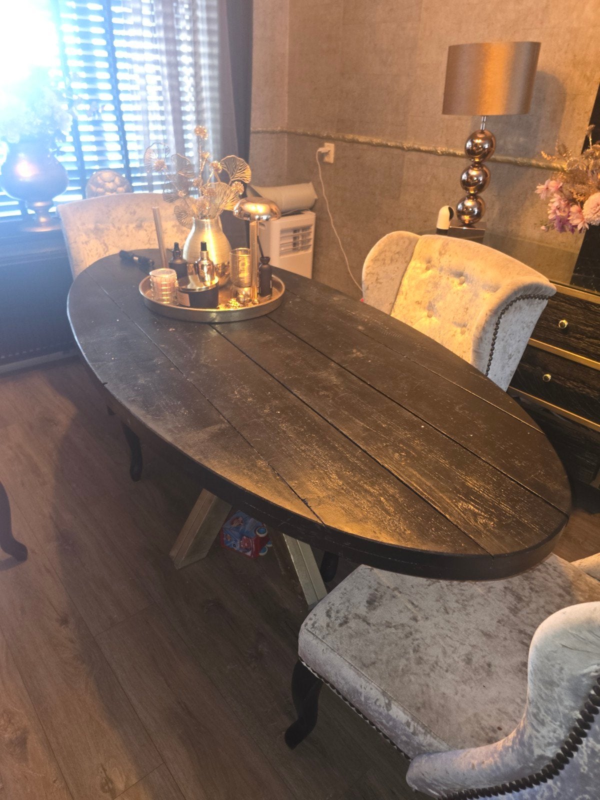 Ovale eettafel van steigerhout, zelf geverfd, Ophalen, Gebruikt, 50 tot 100 cm, 150 tot 200 cm