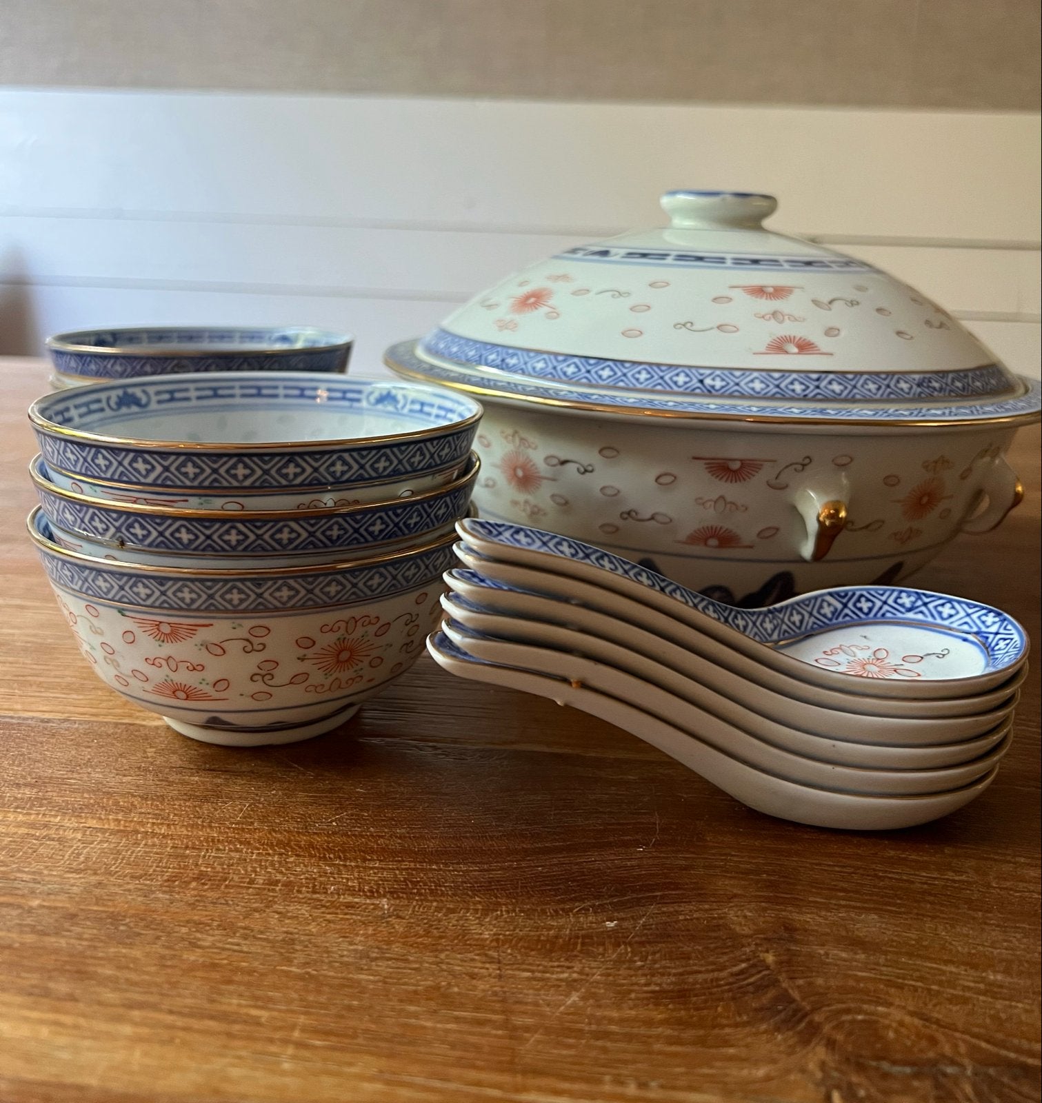 Vintage Chinees servies: soepterrine, kommen en lepels, Huis en Inrichting, Aziatisch, Overige merken, Keramiek, Ophalen of Verzenden