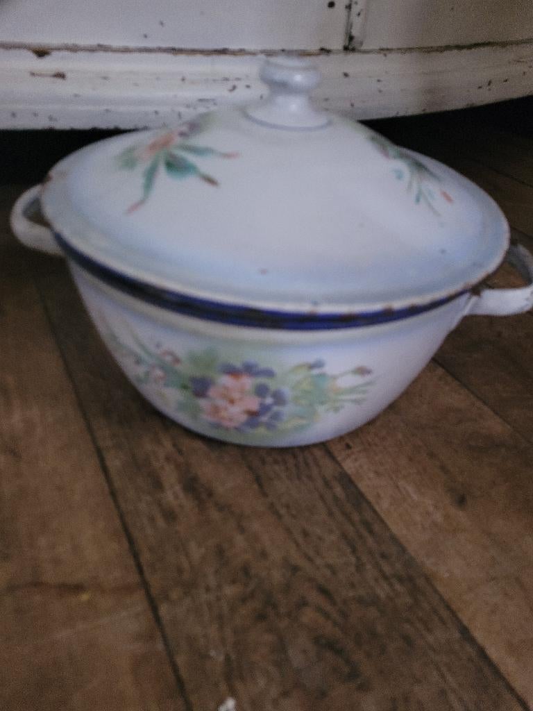 Zeer oude emaille pan met japy decor, Antiek en Kunst, Antiek | Emaille, Ophalen of Verzenden