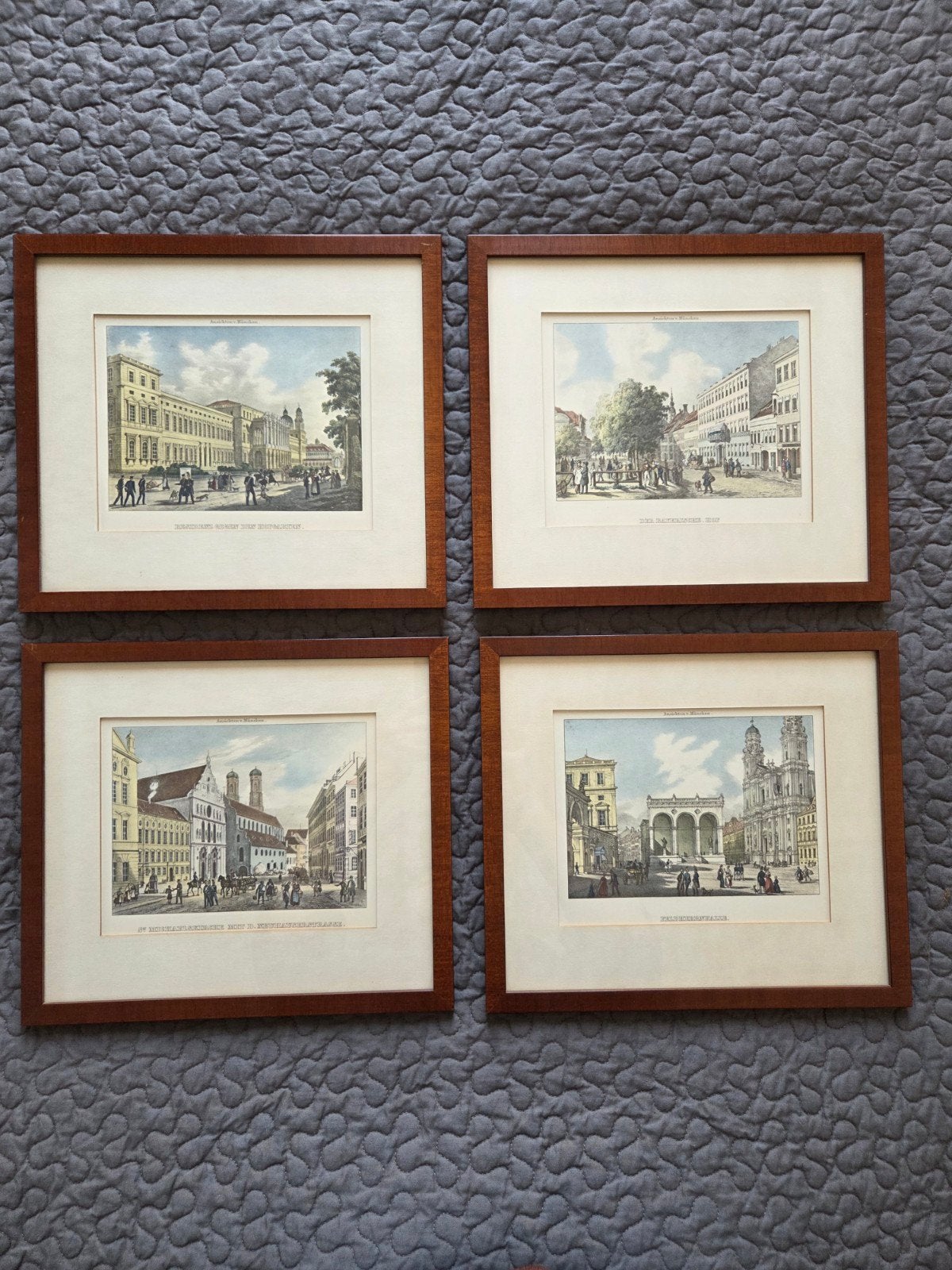 Set van 4 handgekleurde litho's van München, 19e eeuw, Antiek en Kunst, Kunst | Etsen en Gravures, Ophalen, 1800 - 1899, Stadsgezicht