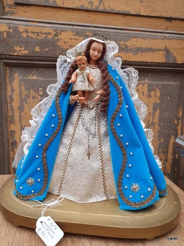 Antieke Maria met kindje Jezus in stolp 20x34x26cm, Ophalen of Verzenden