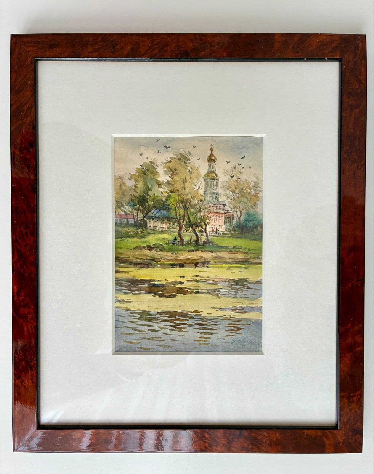 Sfeervol Aquarel: Voorjaar met Kerk, Ingelijst (26,5x31,5cm), Impressionistisch, Ophalen of Verzenden, Aquarel, Ingelijst