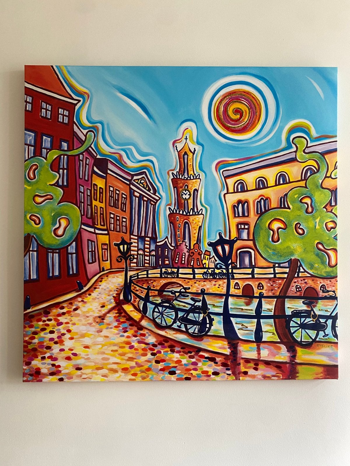 Schilderij Utrecht met sprekende kleuren, Antiek en Kunst, Kunst | Schilderijen | Modern, Ophalen of Verzenden