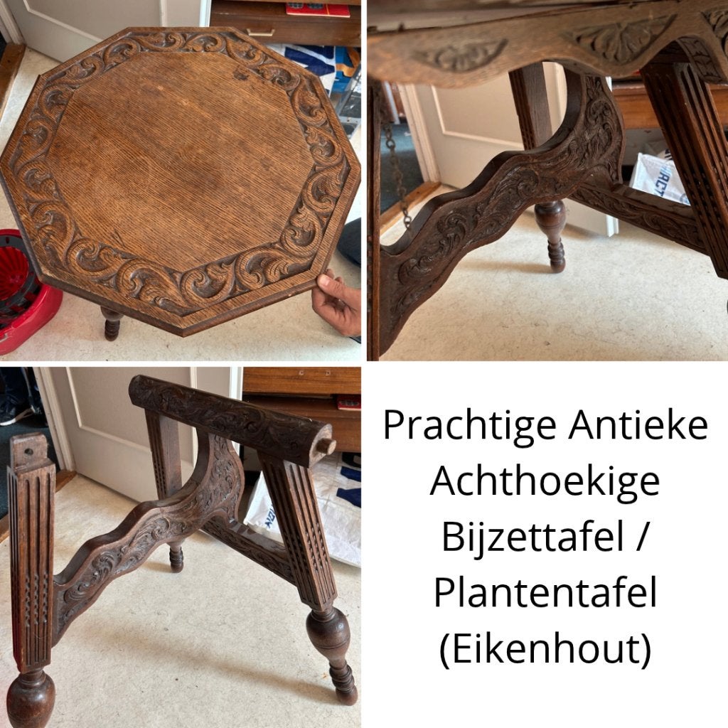 Antieke Achthoekige Bijzettafel / Plantentafel – Eiken, Ophalen