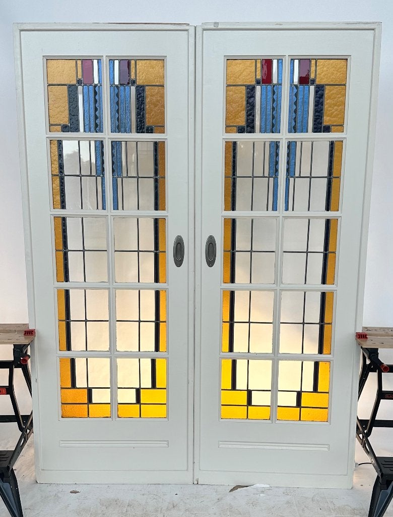Set ensuite schuifdeuren met gebrandschilderd glas in lood, Doe-het-zelf en Verbouw, Deuren en Horren, Ophalen, Gebruikt, Minder dan 80 cm