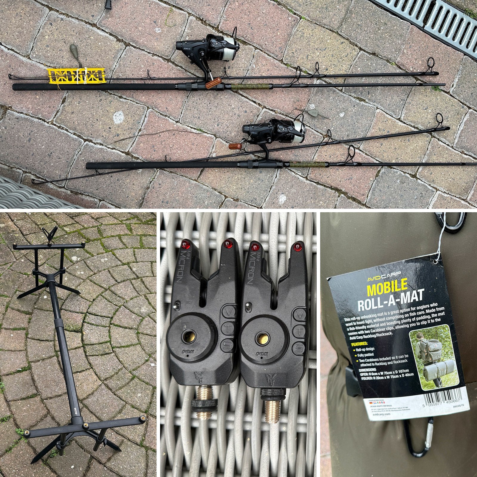 Complete karperset: 2 hengels, molens, rodpod, beetmelders, Ophalen, Zo goed als nieuw, Complete set