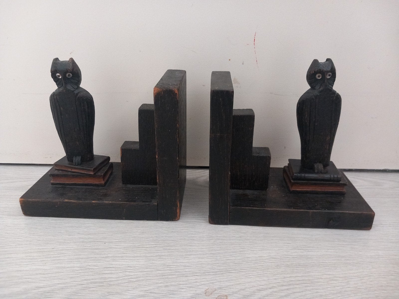 Antieke houten boekensteunen met uil - Gebruikte staat, Ophalen of Verzenden