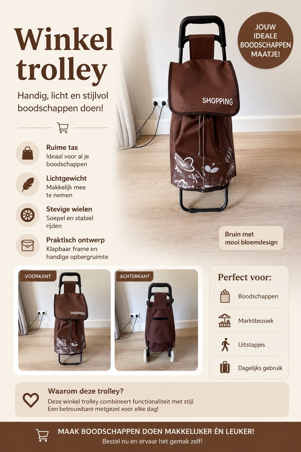 Handige, lichte en stijlvolle boodschappentrolley, Ophalen of Verzenden, Zo goed als nieuw, Bruin, Textiel