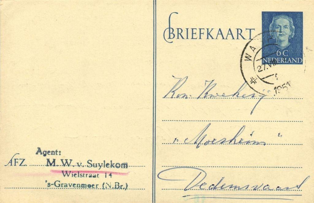M.W. v. Suylekom, s-Gravenmoer [N.Br.] - 08.1951 - briefkaar, Ophalen of Verzenden, Briefkaart