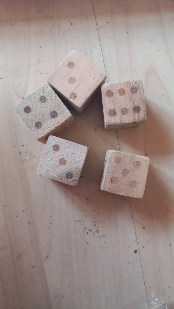 Grote houten dobbelstenen - Set van 5, Vijf spelers of meer, Ophalen of Verzenden, Gebruikt, Onbekend