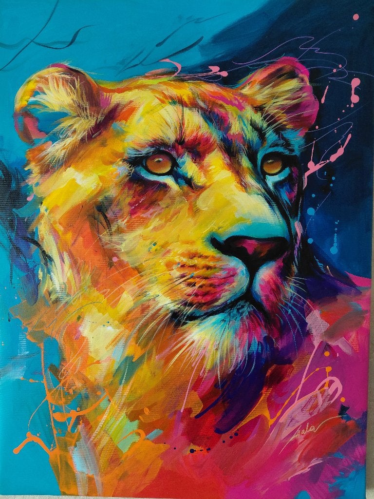 Acrylschilderij van Galya Bukova : Lioness, Ophalen of Verzenden, Acrylverf, Dieren