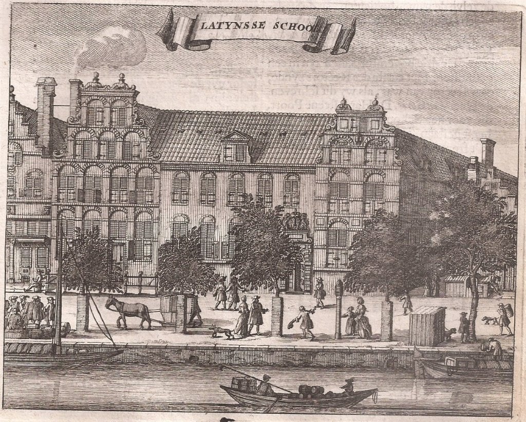 Gezicht op de Latijnse School te Amsterdam Commelin 1693, Stadsgezicht, 12 cm, 15 cm, 1600 - 1699