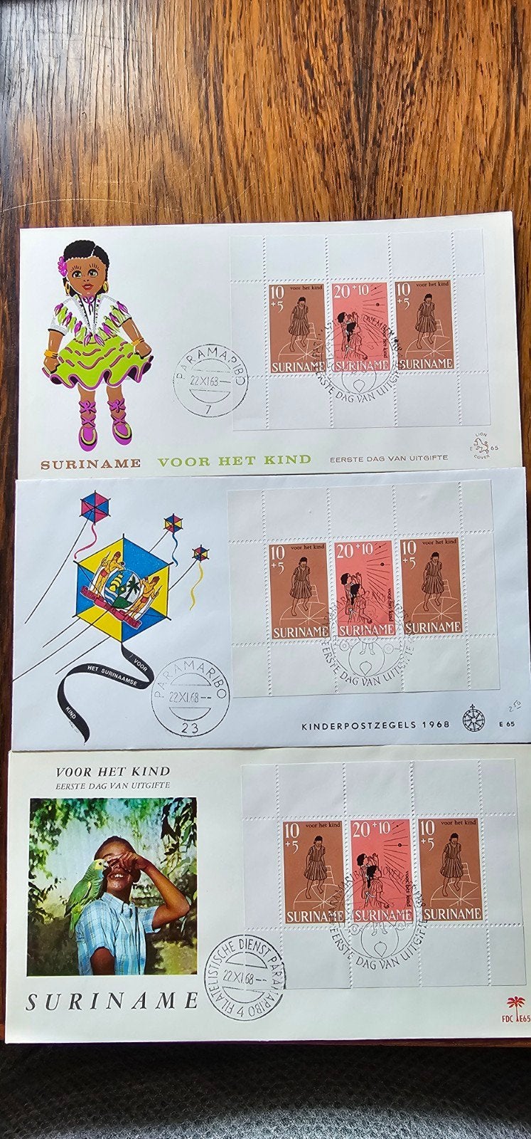 3 FDC's Suriname E64 - Kinderpostzegels 1968, Verzenden, Nederland