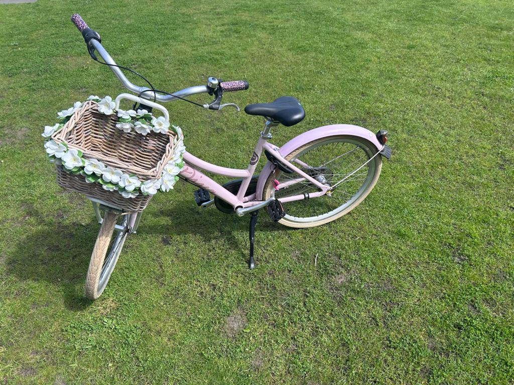 Roze kinderfiets met mandje en bloemen, Fietsen en Brommers, Ophalen, Terugtraprem, Handrem, Gebruikt